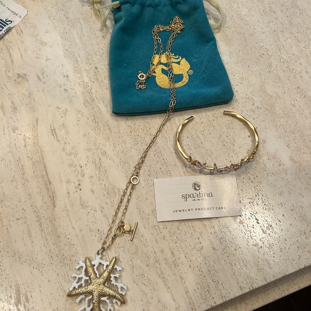 Spartina 449 Gold Starfish Necklace and Gold Cuff Bracelet Set
